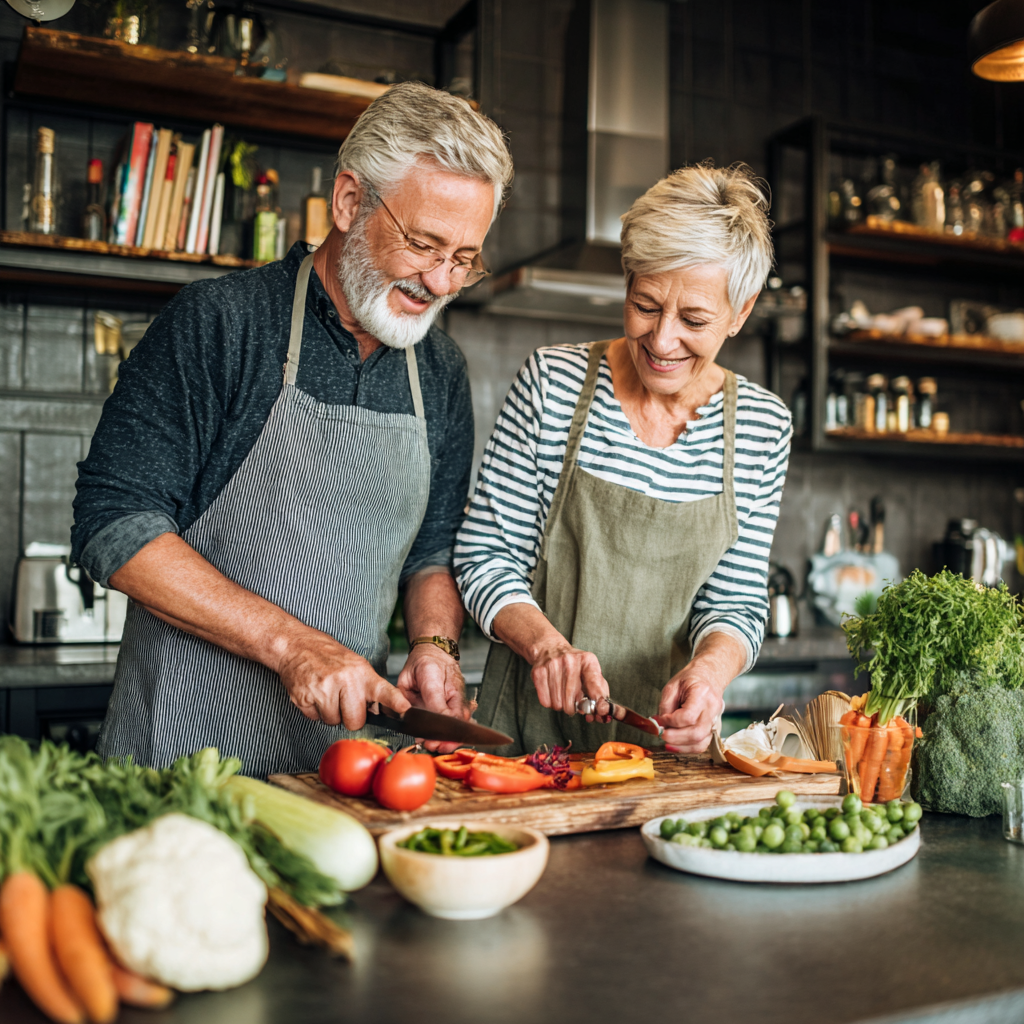 Mature adults cooking healthy meals together in modern kitchen