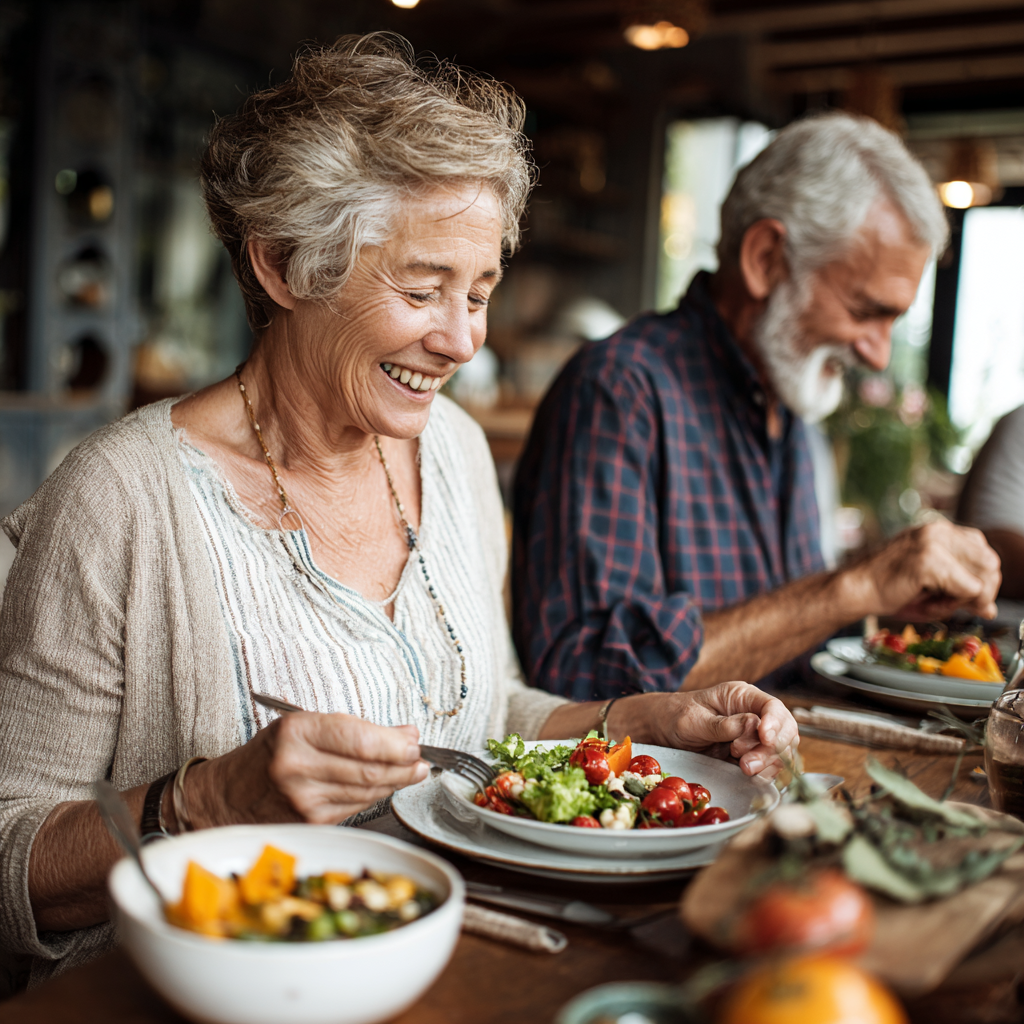 Mature adults enjoying healthy meal together with satisfaction